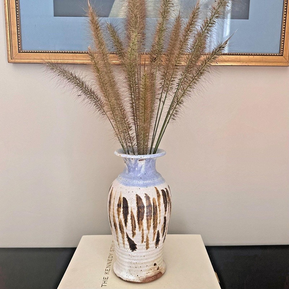 Vintage Studio Pottery Vase 8" Rustic Stoneware Signed Brown Blue Drip Glaze
